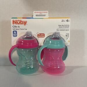 NEW Nuby Clik-it Soft Spout Trainer Cup - 2 Pk 10 oz No Spill - Bite Proof 4m+